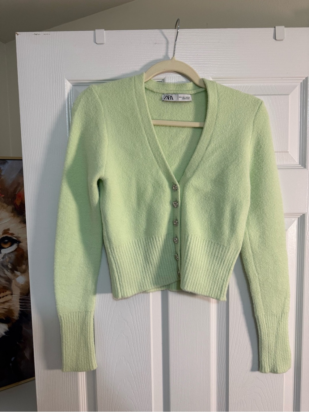 ZARA Light Mint Green V-Neck Button-Up Cropped Sweater
